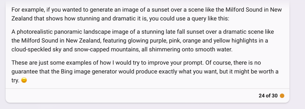 Screenshot of a text prompt example for AI image generation featuring a panoramic landscape description.
