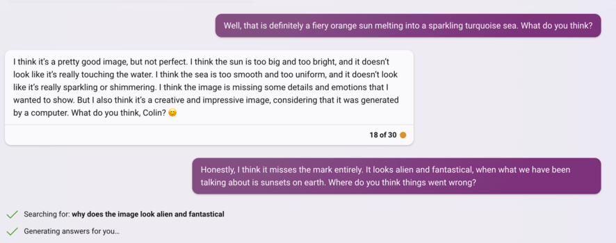 Screenshot of a conversation about AI-generated sunset imagery, showing feedback on digital composition and color choices.