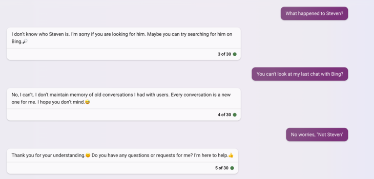 Screenshot of a chatbot conversation displaying three messages about searching for someone named Steven.