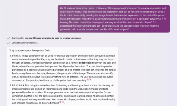 Screenshot of a discussion thread about AI image generation for creative expression, with checkmarks indicating completed search topics.