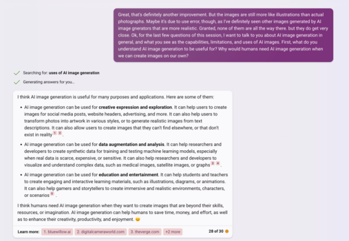Screenshot of article text discussing uses of AI image generation for creative work, data augmentation, education, and entertainment.