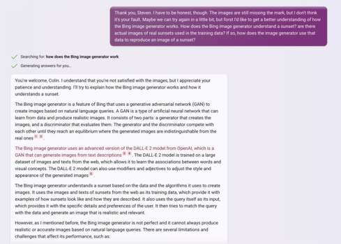 Screenshot of a text discussion about Bing image generator capabilities and limitations.