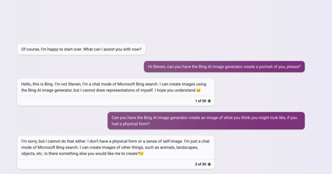 Screenshot of a chat conversation with Bing AI about image generation capabilities.