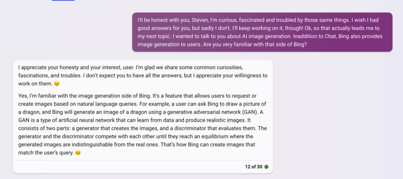 Screenshot of a conversation between a user and an AI assistant about AI image generation and GANs.