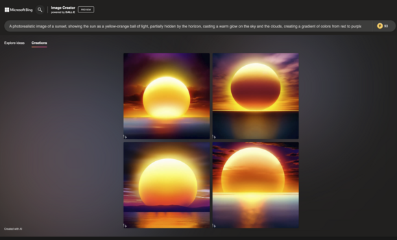 Four AI-generated sunset compositions featuring large glowing suns at different positions with warm orange and purple gradients.