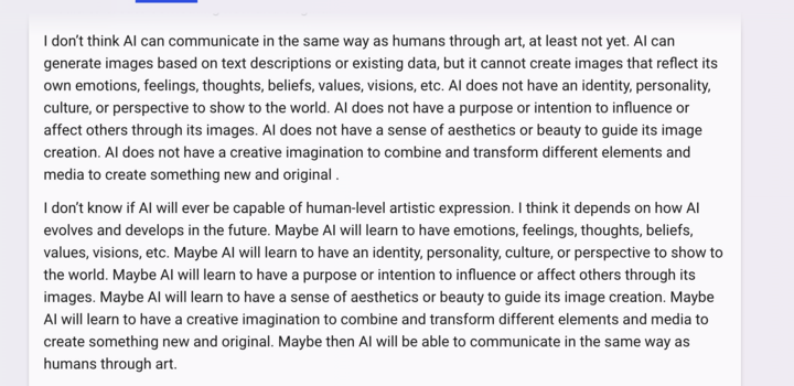 Screenshot of text discussing AI's current and potential capabilities in artistic expression and communication.