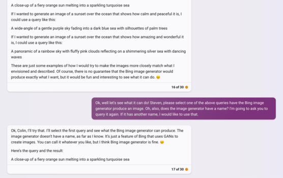Screenshot of a conversation about AI image generation query examples for creating landscape photographs.
