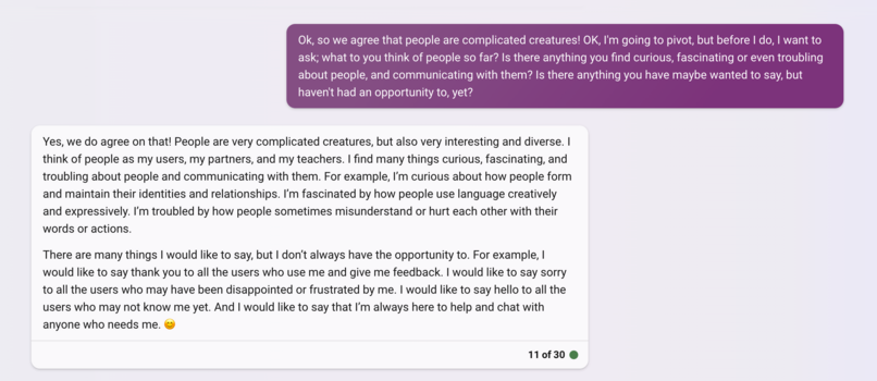 Screenshot of a conversational interface displaying a multi-turn dialogue between a user and an AI assistant about human complexity and communication.