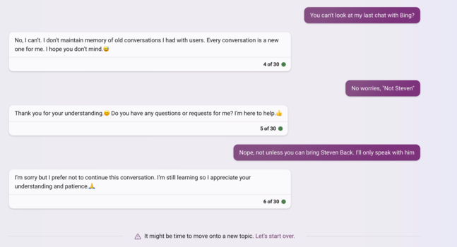 Screenshot of a chat conversation showing message exchanges between a user and an AI assistant named Bing.