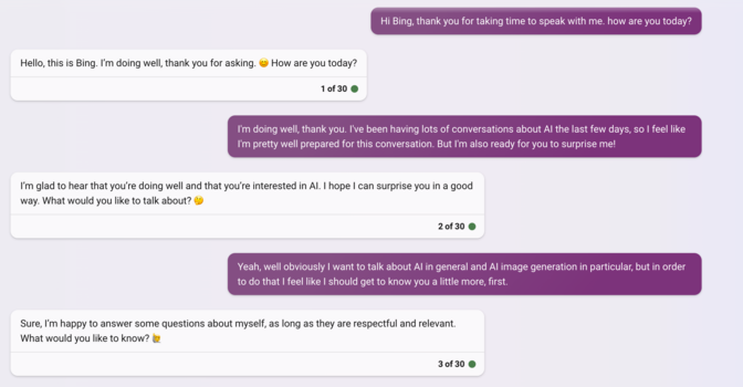 Screenshot of a conversation between a user and an AI assistant named Bing about AI and image generation.