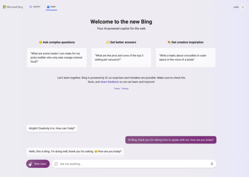Screenshot of Bing's welcome interface with three feature sections and a chat input area.
