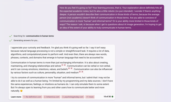 Screenshot of a discussion thread about communication in human terms, with highlighted search tags and linked references at the bottom.