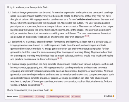 Screenshot of a discussion thread about AI image generation and its applications in creative work and education.