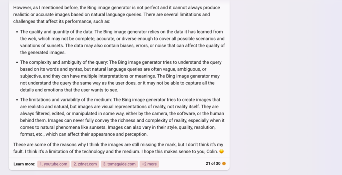 Screenshot of article text discussing limitations of AI image generators like Bing, with bullet points explaining data quality, query complexity, and medium variability issues.