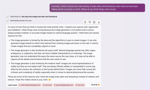 Screenshot of a conversation thread discussing AI image generation limitations and why sunset images appear artificial.