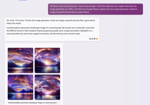 Four variations of a dramatic alpine lake landscape at sunset with purple, orange, and gold tones in the sky.