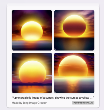 Four AI-generated sunset compositions showing a large yellow sun at different positions above the horizon.