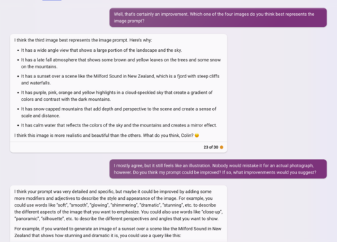 Screenshot of photography feedback discussion with purple comment boxes containing critiques about landscape image composition and color.