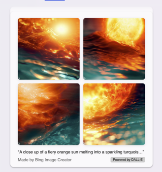 Four composite images of a massive sun melting into turquoise ocean waves under dramatic orange sky.