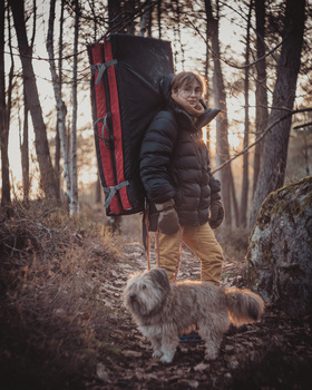 Hiker with red backpack and dog on woodland trail during golden hour.