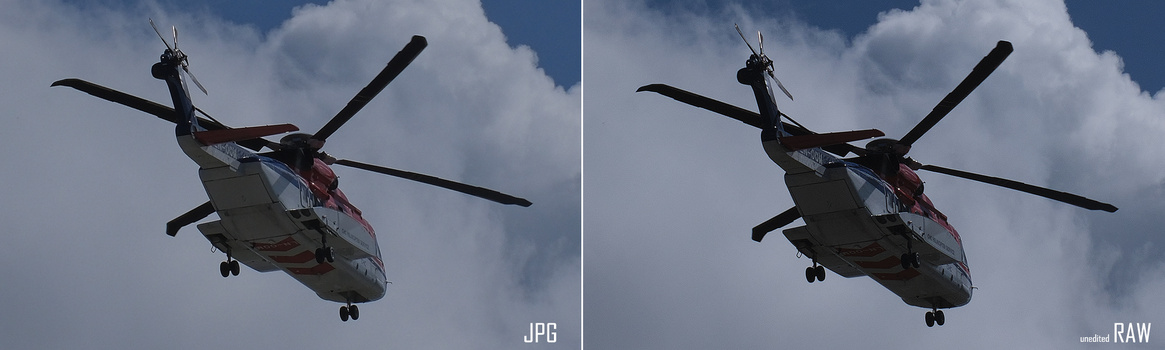 Side-by-side comparison of a helicopter in flight shot in JPG format versus unedited RAW format.