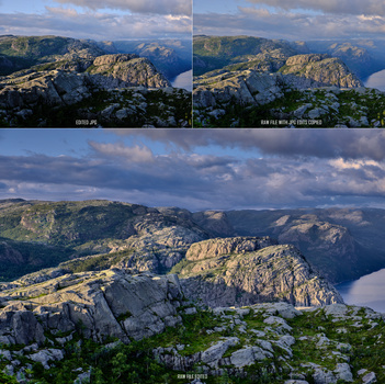 Alpine landscape with rocky peaks, forested slopes, and distant lakes under dramatic cloudy sky.