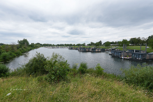 Waterside landscape with moored houseboats along a calm river lined by grassy banks and trees under overcast sky.