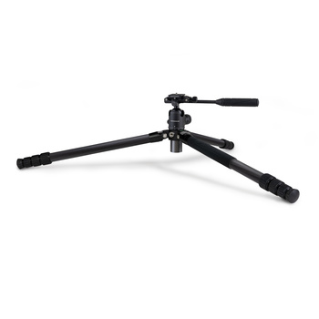 Black tripod with three extended legs and ball head mounted on center column.