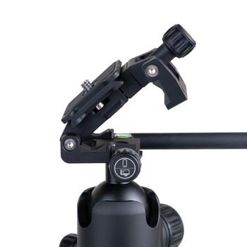 Professional tripod head with ball mount and friction arm attached to black horizontal pole.