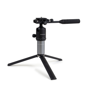 Compact tabletop tripod with ball head and microphone boom arm attached.