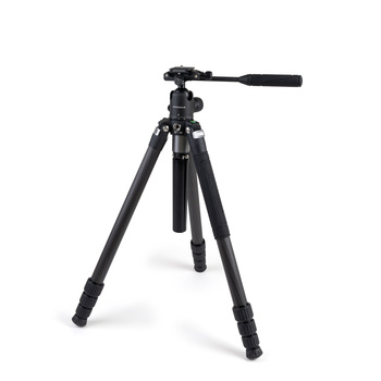 Professional video tripod with fluid head and telescoping legs against white background.