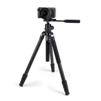 Black tripod with compact camera mounted on adjustable head and extending pan handle.