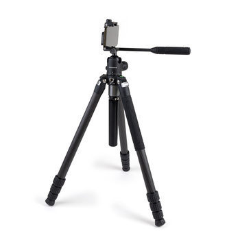 Black tripod with adjustable legs and pan-tilt head holding a smartphone mount.