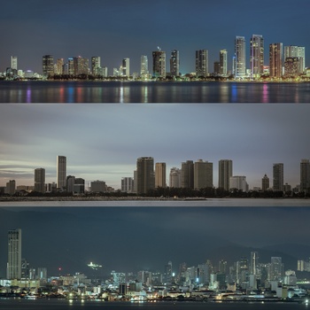 Three city skylines photographed at dusk from across calm water, showing twilight and nighttime lighting conditions.