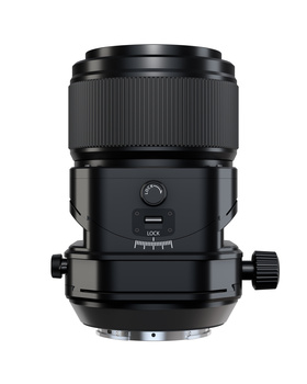 Black tilt-shift lens with focus ring and depth-of-field scale mounted vertically.