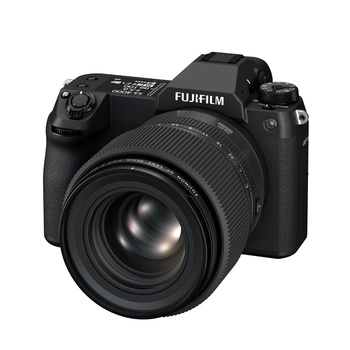 Fujifilm GFX mirrorless camera with prime lens attached, shown against white background.