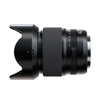 Black telephoto lens with hood attached, shown in profile against white background.