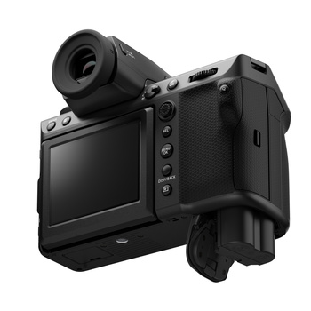 Professional cinema camera with articulating touchscreen monitor and eyepiece viewfinder attachment.