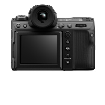 Rear view of a mirrorless camera with articulating LCD screen and electronic viewfinder.