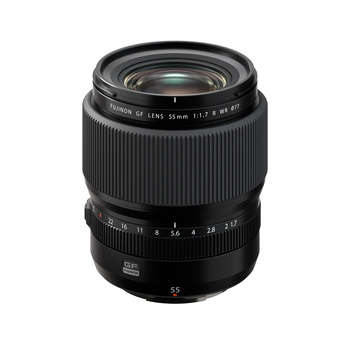 Black telephoto lens with ribbed focus ring and distance scale markings on white background.