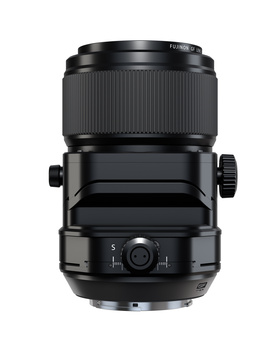 Black tilt-shift lens with focus ring and helicoid mechanism displayed against white background.