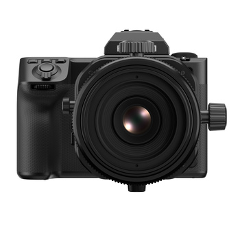 Black mirrorless camera with large fixed lens and electronic viewfinder on top.