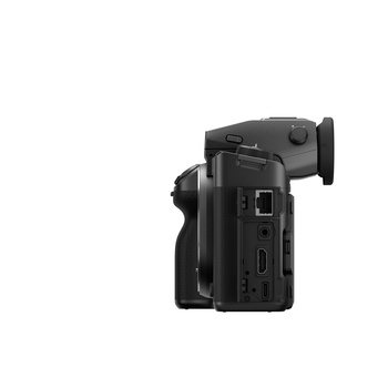 Side view of a professional mirrorless camera showing rear ports and controls against white background.