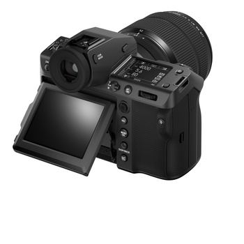 Professional mirrorless camera with articulating touchscreen and interchangeable lens attached.