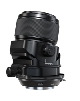 Tilt-shift lens mounted on camera body with focus ring and aperture controls visible.