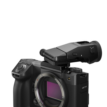 Professional cinema camera with mounted electronic viewfinder accessory showing open sensor cavity.