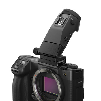 Mirrorless camera body with electronic viewfinder mounted on top against white background.