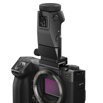 Mirrorless camera with attached electronic viewfinder accessory mounted on top.
