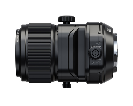 Tilt-shift lens with focus mechanism mounted on white background.