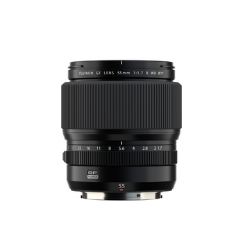 Fujifilm GF 55mm f/1.7 R WR lens, front and rear view against white background.